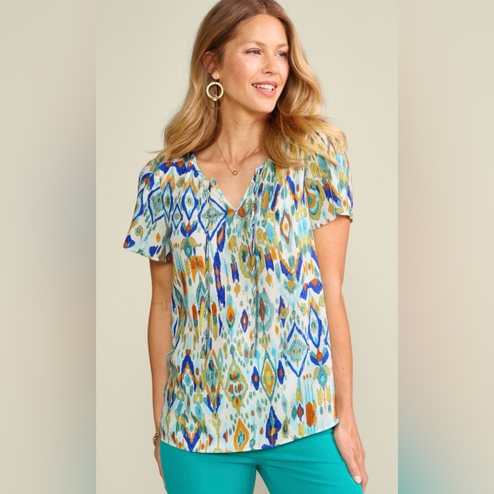 Soft Surroundings Francesca Short SleeveTop Blouse Multicolor Patterned Large L